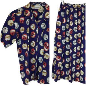 Vintage skirt blouse set M 80s Bugle Boy button front blue print full midi